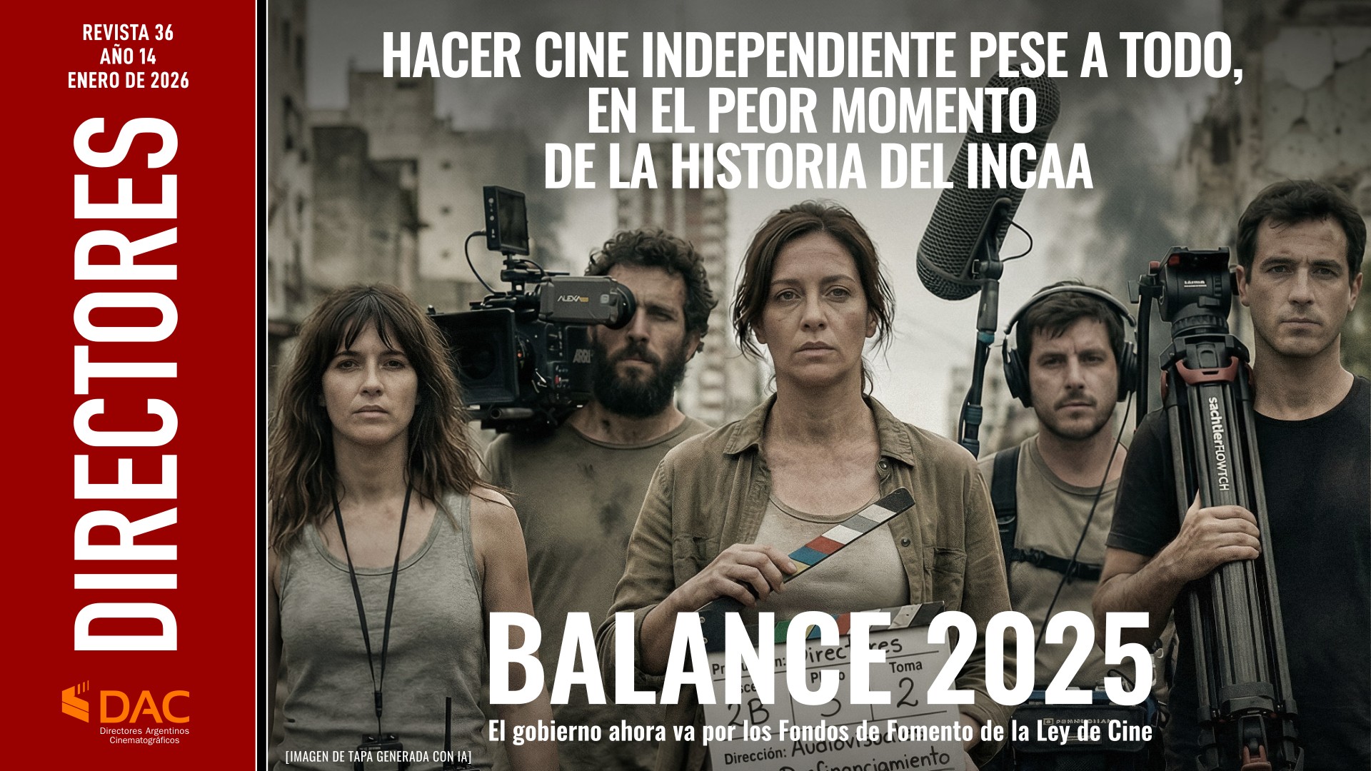 PORTADA REVISTA DIRECTORES | Año 14 | Nº 36 | Enero 2026 | BALANCE 2025. El Gobierno ahora va por los Fondos de Fomento de la Ley de Cine. | Hacer cine independiente pese a todo, en el peor momento de la historia del INCAA.